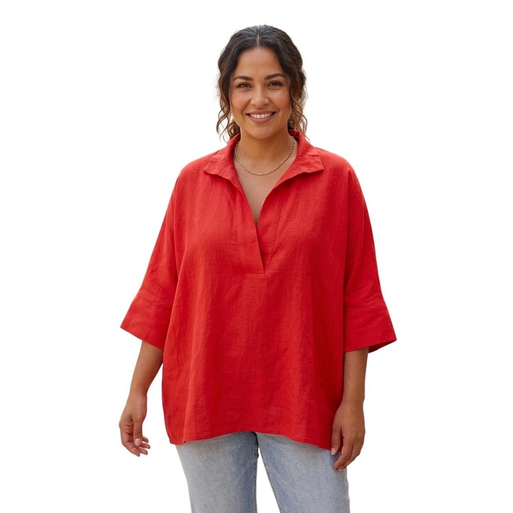 Belle Isle By Torrid Women's Red Cotton Poplin V-Neck Tunic Top Oversized Size 1